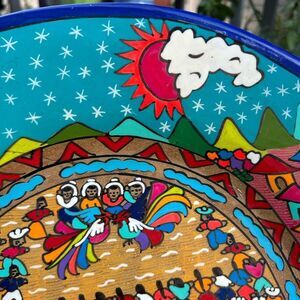 Beautiful 16” Mexican Folk Art Plate Pottery Wall Hanging Colorful Teracotta